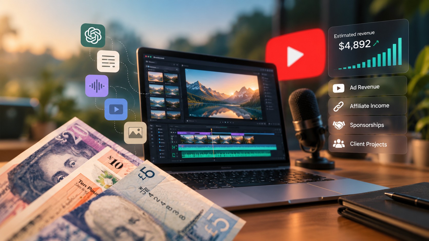 A laptop timeline cutting an AI-generated video next to a YouTube revenue graph, ad revenue, affiliate, sponsorship and client-work labels, and UK banknotes.